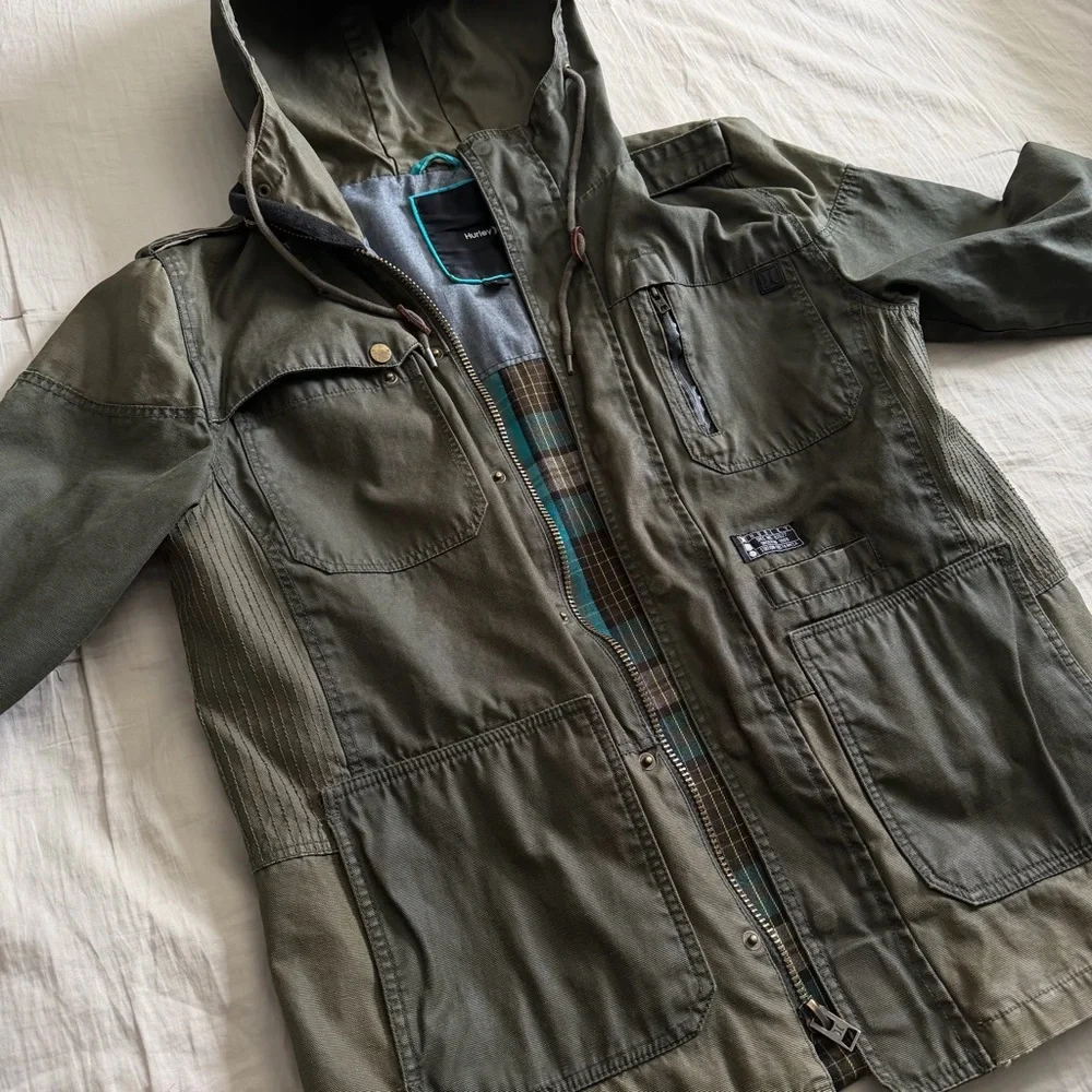 Hurley Waxed Plaid Lined Field Jacket Men’s Med‎ Green Covert Military Tactical